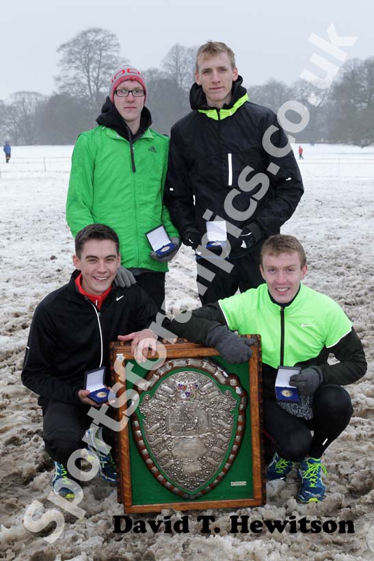 Gateshead Harriers winners of the Junior Mens Northern Cross Country Championships, From left to right, front row: Lewis Hogg, Callum Johnson; back row: Daniel Johnson and Barry Maskill.